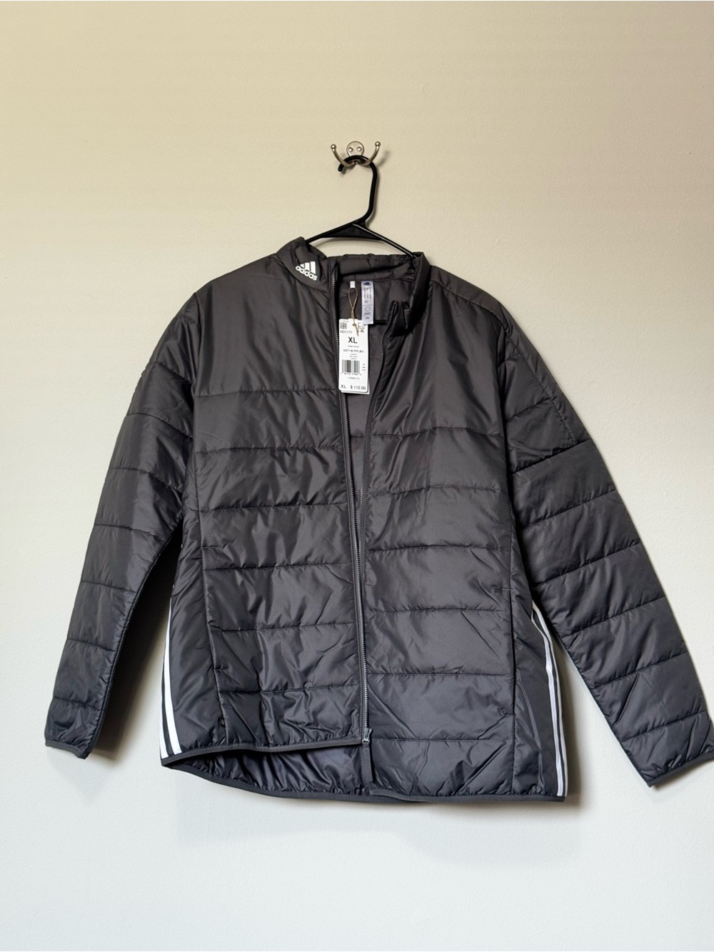 adidas Black Quilted Lightweight Puffer Jacket with Side Stripes